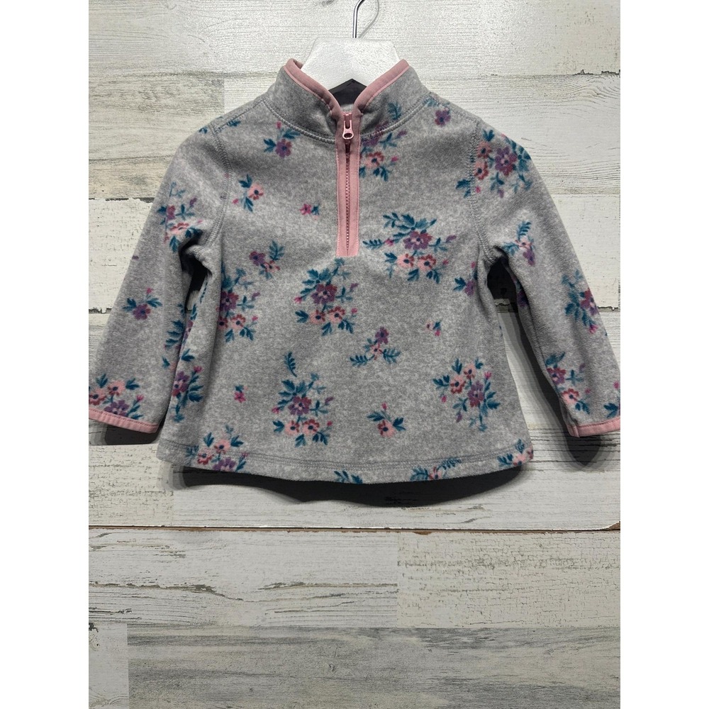 OshKosh Fleece Pullover Girls 12M Gray Floral Quarter Zip EUC